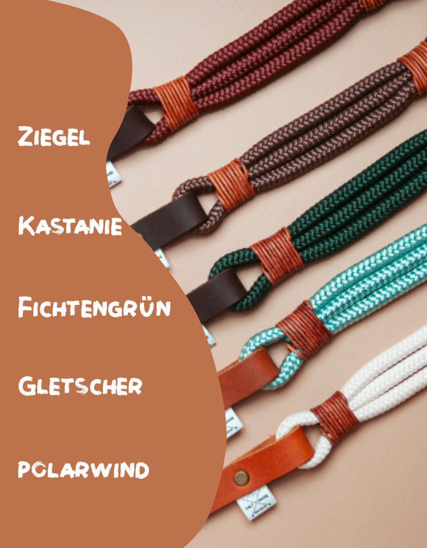 „Robustes Hundehalsband aus Kletterseil und weichem Fettleder – langlebige Dogwear. Das Hundezubehör für den Alltag in verschiedenen Farbtönen!" Mit stabilen Karabinern und wasserabweisenden Seil, für dein nächstes Abenteuer!