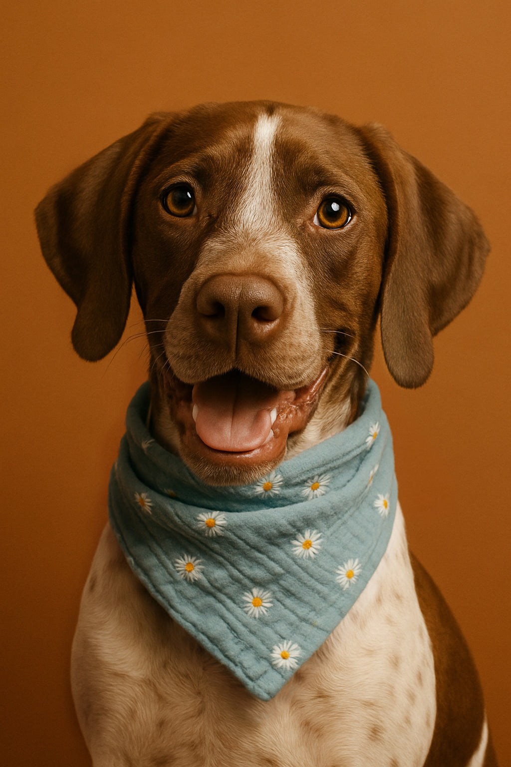 Luftiges Hundehalstuch „Daisy“ mit zartem Gänseblümchen-Print. Handgemachtes Hundezubehör aus Bio-Musselin –perfekt für stilvolle Sommermomente mit deinem Hund.