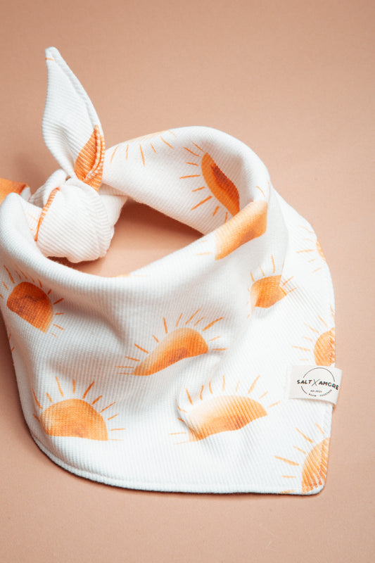 Sommerliche & nachhaltige Dogwear: Hundehalstuch „Sunset“ aus Bio-Jersey – handgemacht, bequem & perfekt für Abenteuer. Jetzt Hundehalstücher kaufen!