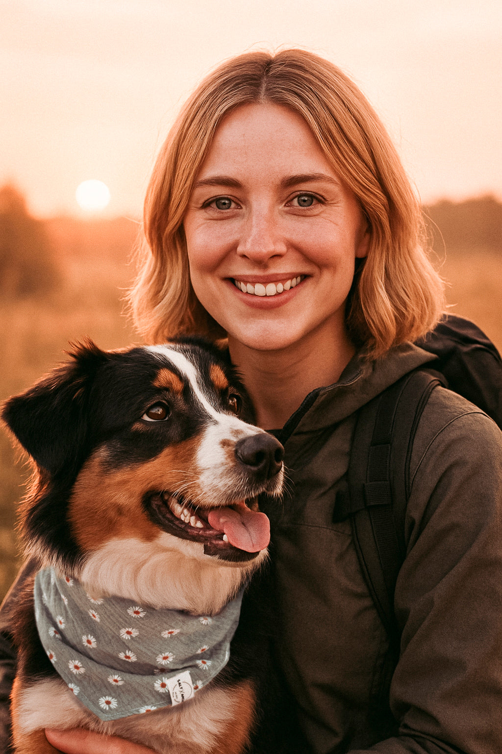 Luftiges Hundehalstuch „Daisy“ mit zartem Gänseblümchen-Print. Handgemachtes Hundezubehör aus Bio-Musselin –perfekt für stilvolle Sommermomente mit deinem Hund.
